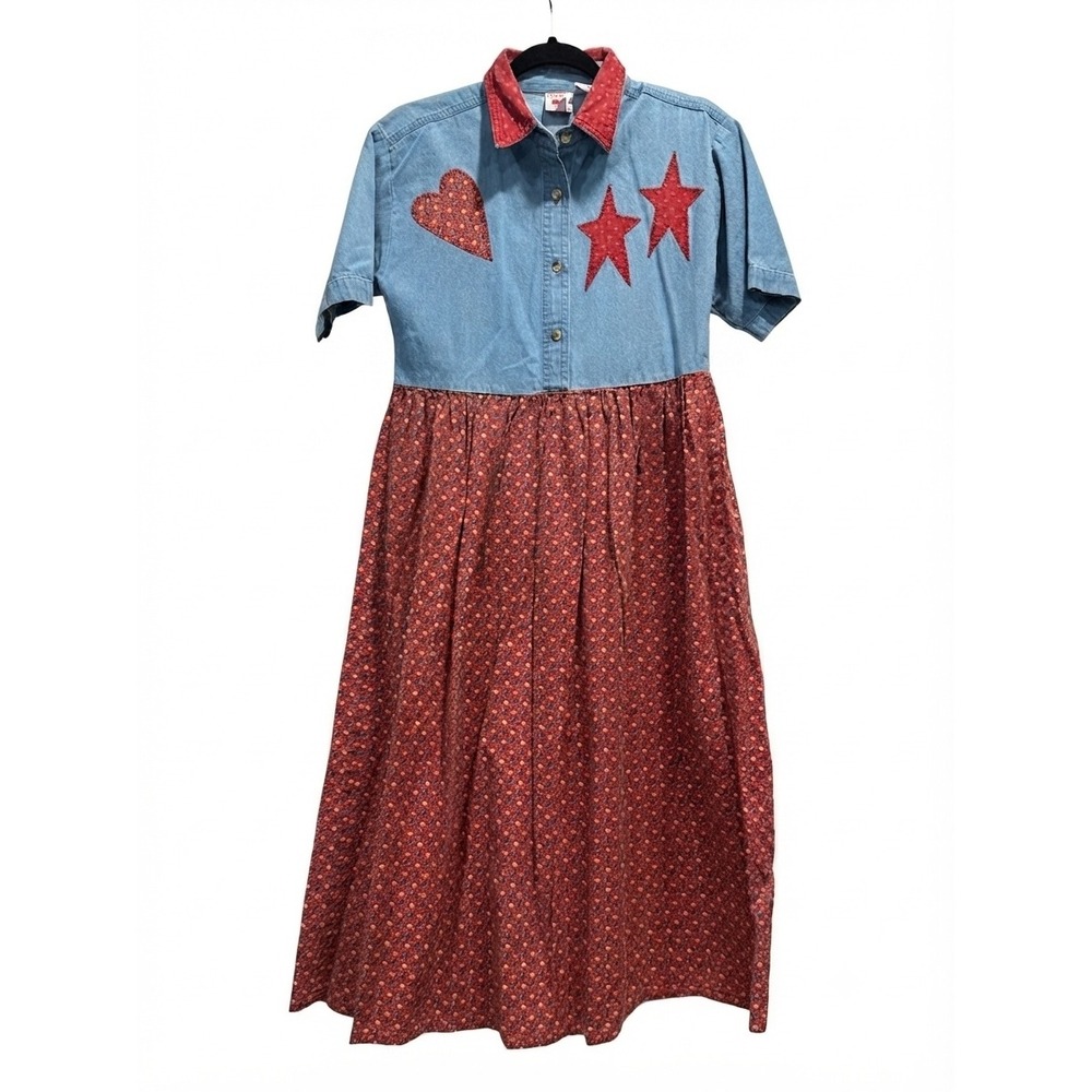 Vintage‎ Graphic Sports Denim Calico Midi Dress Red Blue Heart Star Americana S
